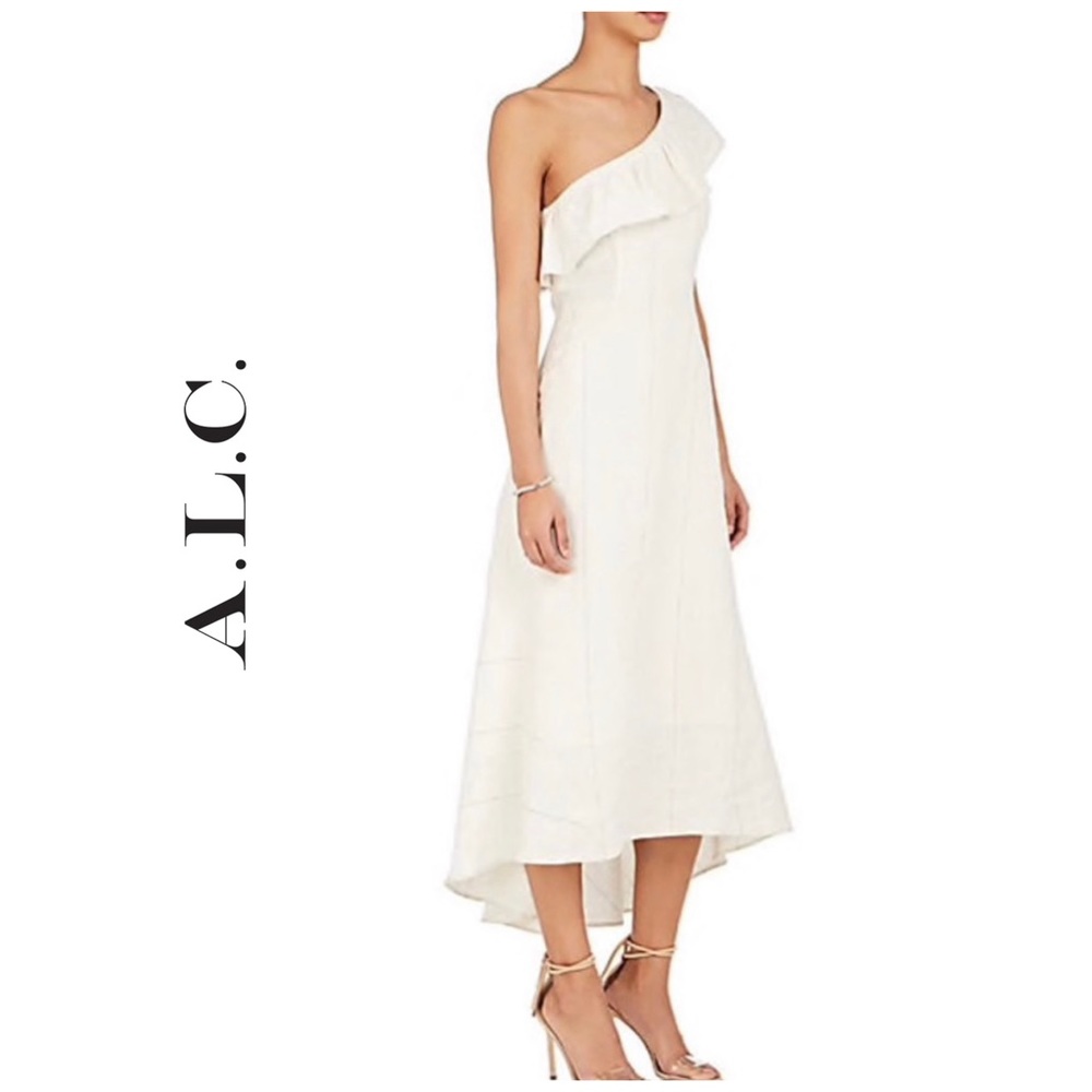 NWT A.L.C. One Shoulder Linen Silk Ruffle Overlay Midi Dress Ecru Navy Stripe - Picture 2 of 11